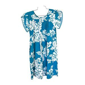 Vtg Teal Hawaiian Dress Hibiscus Print Blue & White Cotton By Hilo Hattie Small